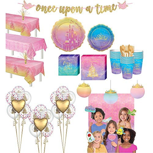 Once Upon A Time Disney Princess Birthday Party Supplies Including Plates Utensils With Printed Ribbon Napkins